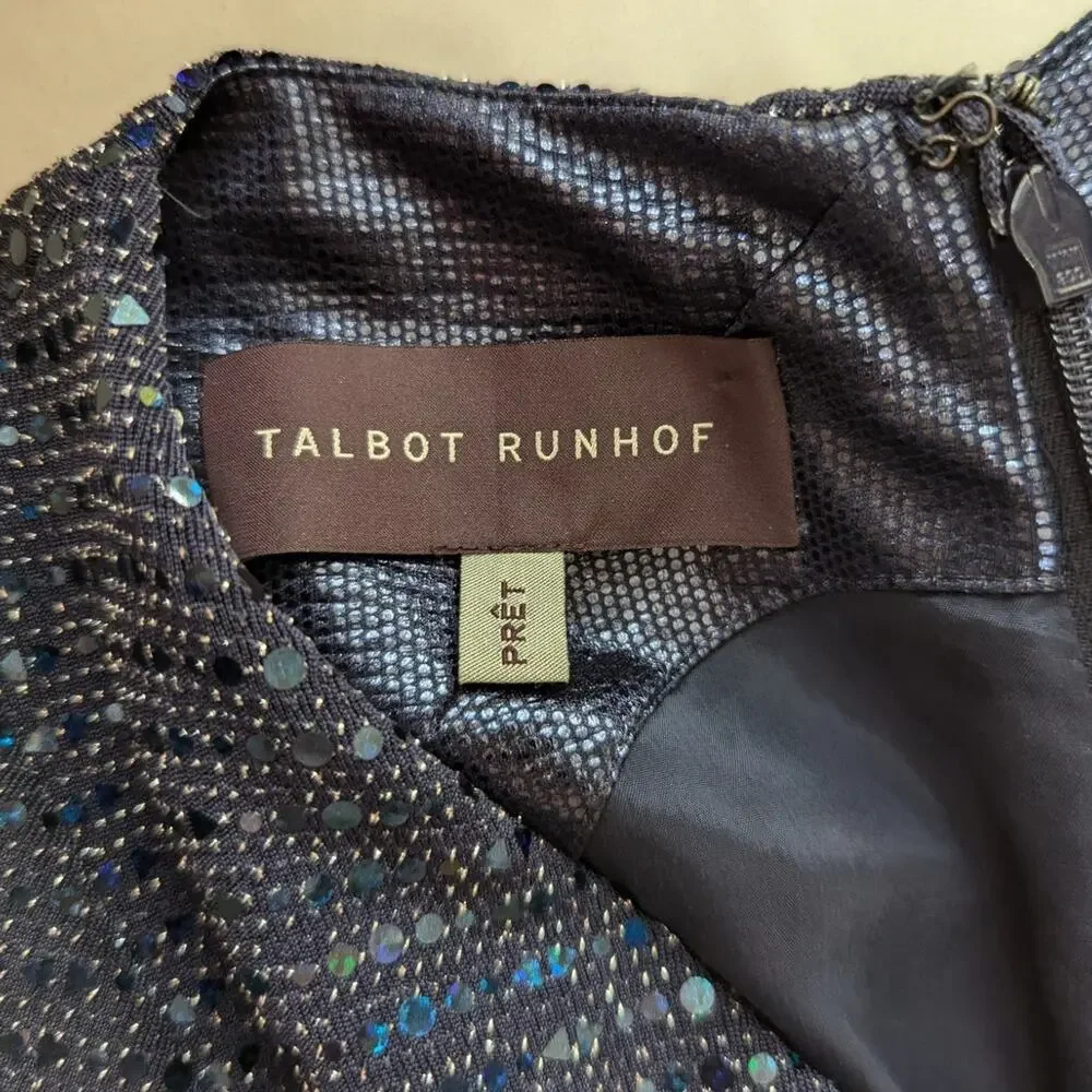 Talbot Runhof Rosin Metallic Navy Draped Gown V-Neck Cape Sleeve 6 36 Preowned - Picture 11 of 14